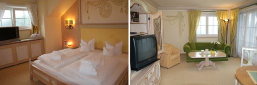 STOCK  - Una suite ideal para vacaciones románticas con una agradable sala de estar y una estufa de azulejos.